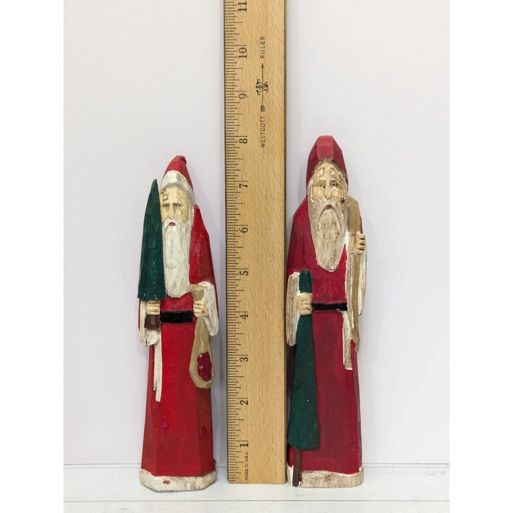 MIDWEST CANNON FALLS Carved Wooden Santa Set of 2 Folk Art Primitive Christmas